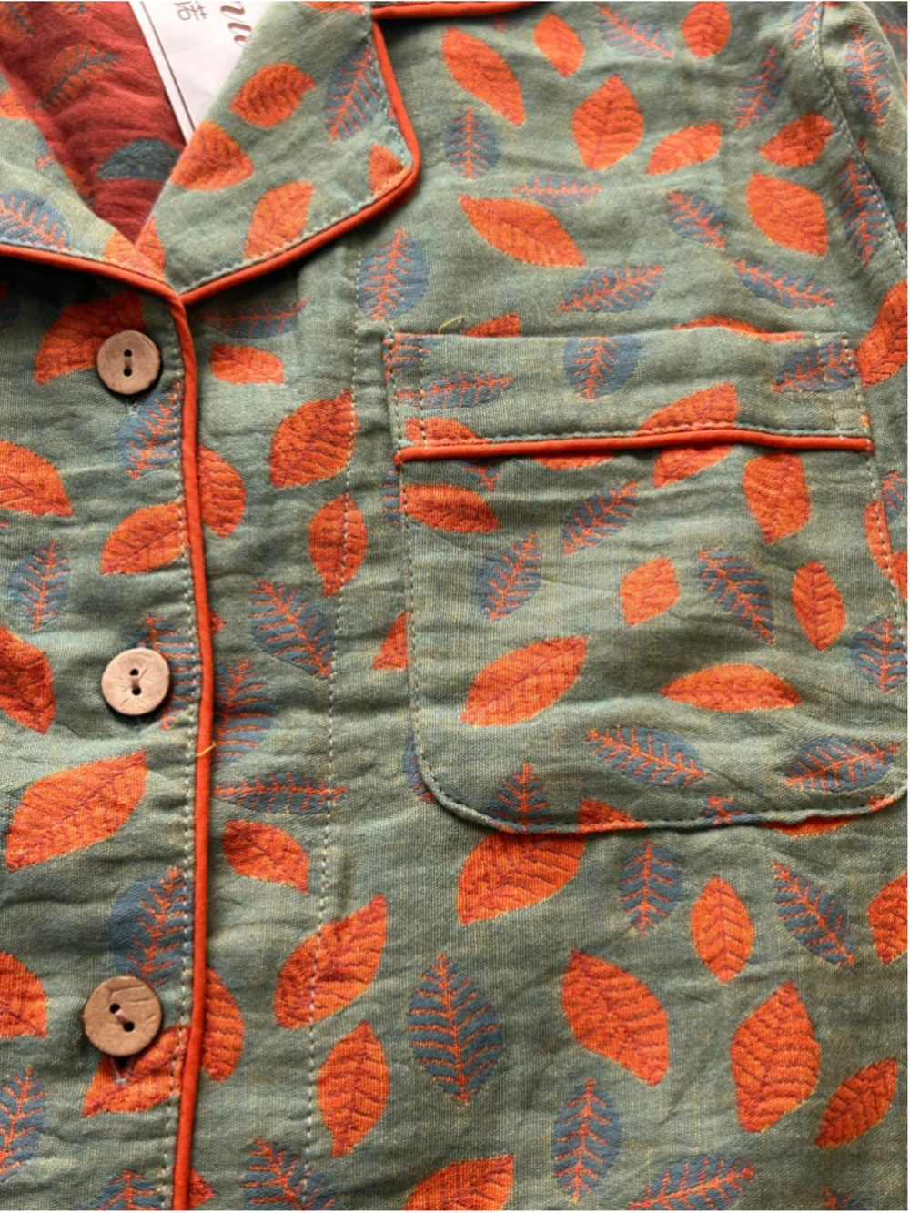 Xilinuo Pajama Set Women’s M Green Orange Leaf Print 100% Cotton NWT
